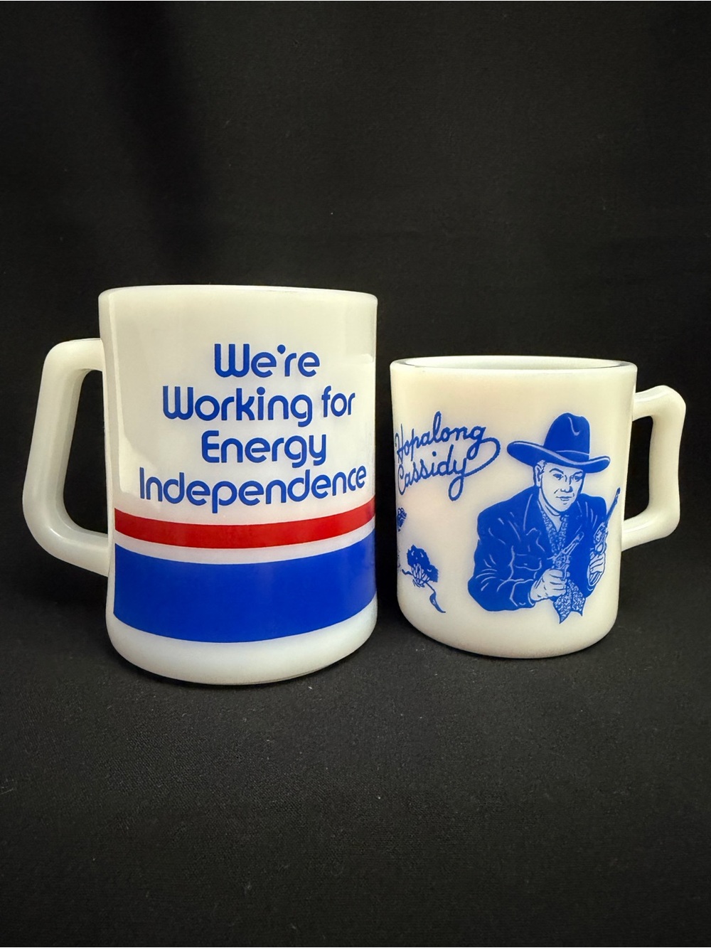 2 Vintage White Milk Glass Coffee Mugs with Blue and Red Advertisement Rare